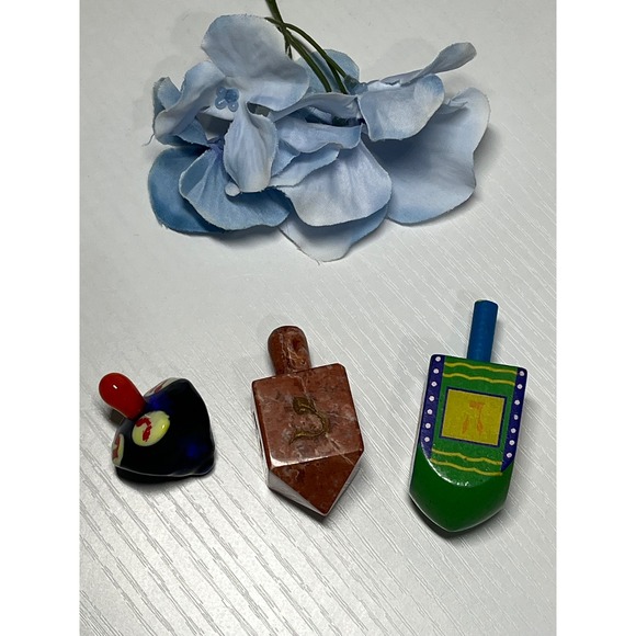 Vintage Hanukkah Dreidel Set 3 Hand Blown Glass Carved Stone Painted Wood